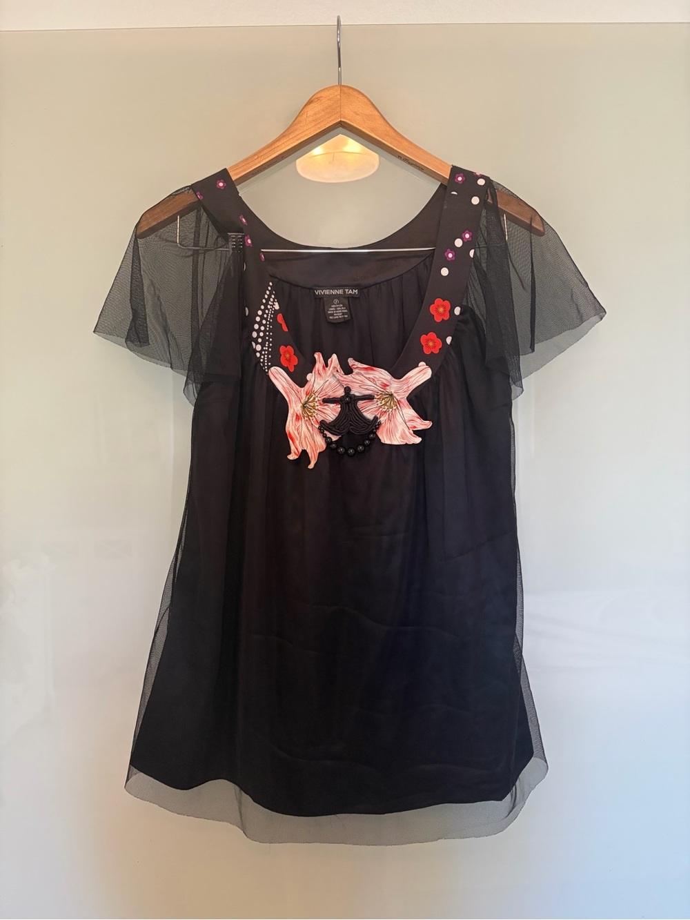 Vivienne Tam Black Embroidered Mesh Overlay Tank Vintage